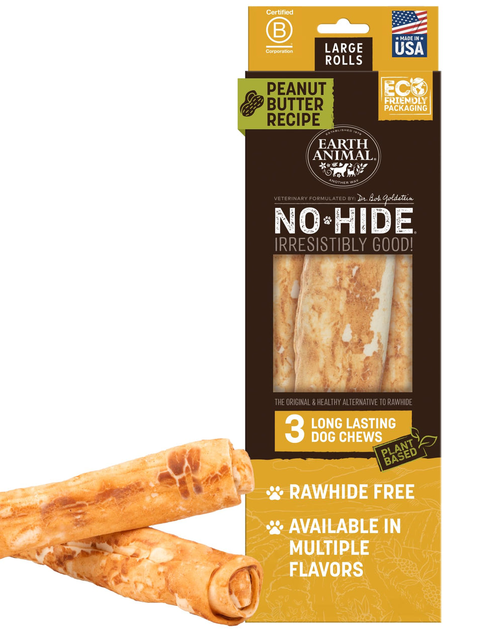 Earth Animal No Hide Rollos mantequilla de cacahuate, grandes, ideales para masticar prolongadamente