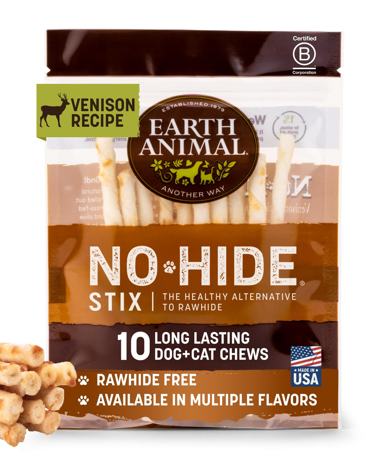 Earth Animal No Hide Stix bâton venaison, mastic durable pour petits chiens et chats.