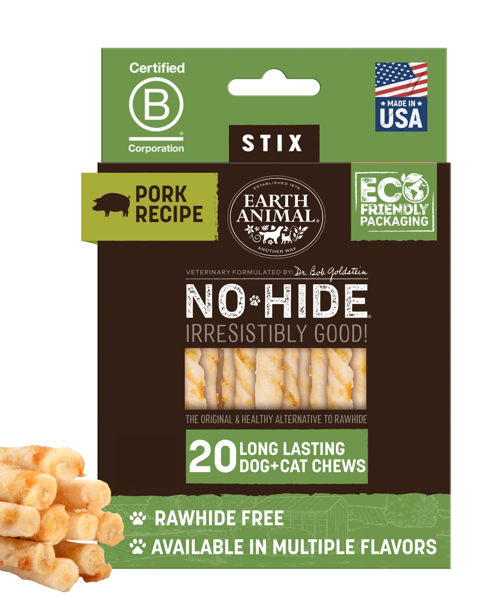 Earth Animal No Hide Stix: caja de 20 unidades, ideal para perros pequeños