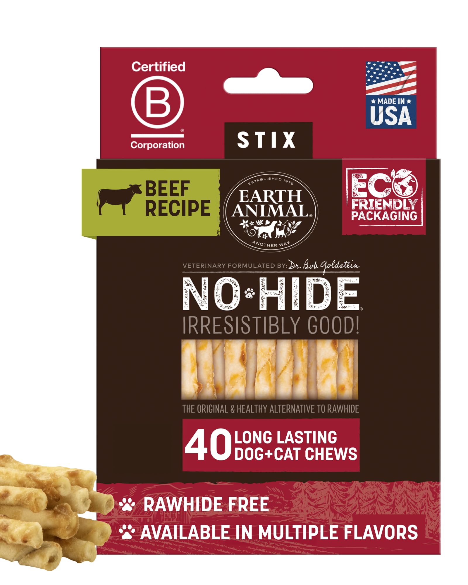 Earth Animal No Hide Stix: caja de 40 unidades para perros pequeños, masticación duradera