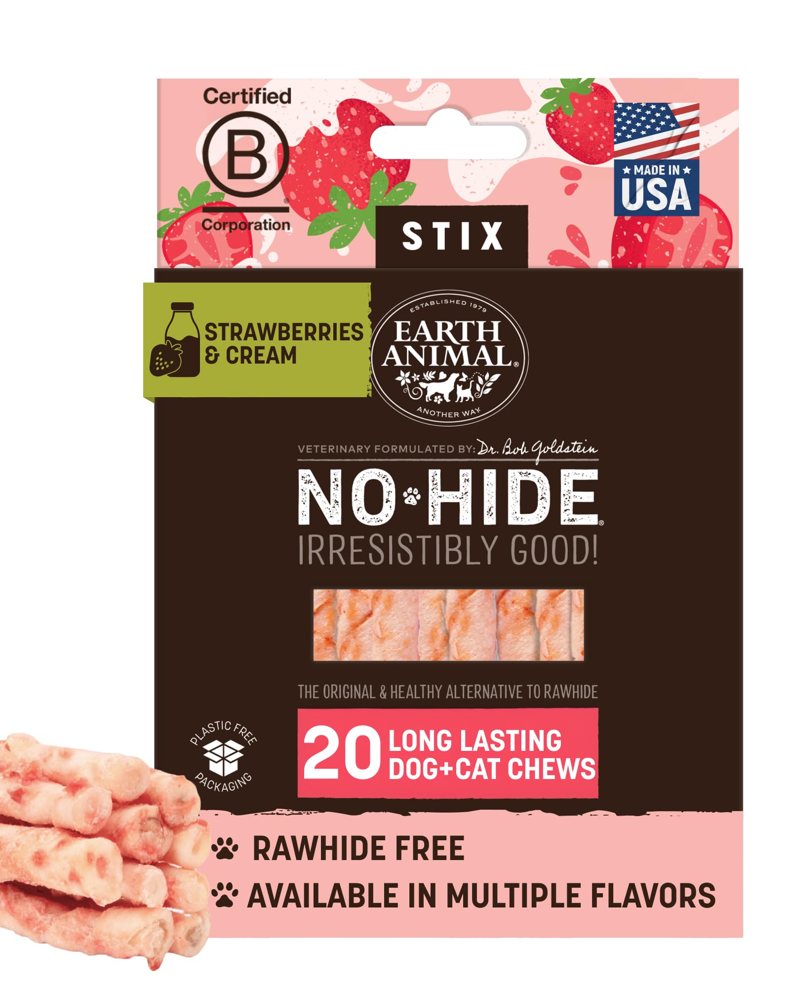 Earth Animal No-Hide Stix Fresas y Crema en empaque, snack vegetariano para perros y gatos.