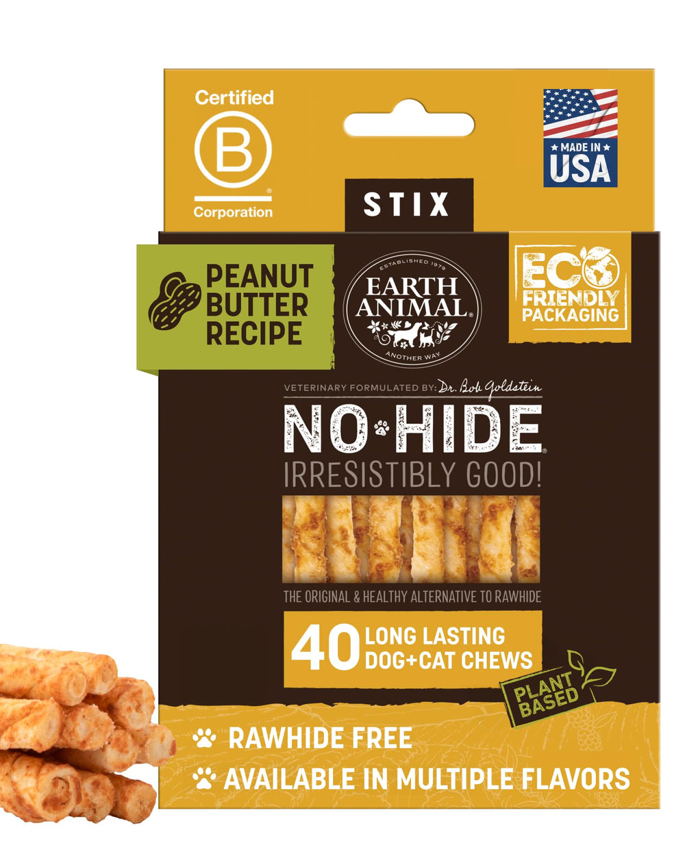 Earth Animal No Hide Stix, mantequilla de maní, masticables para perros pequeños, sabor duradero.
