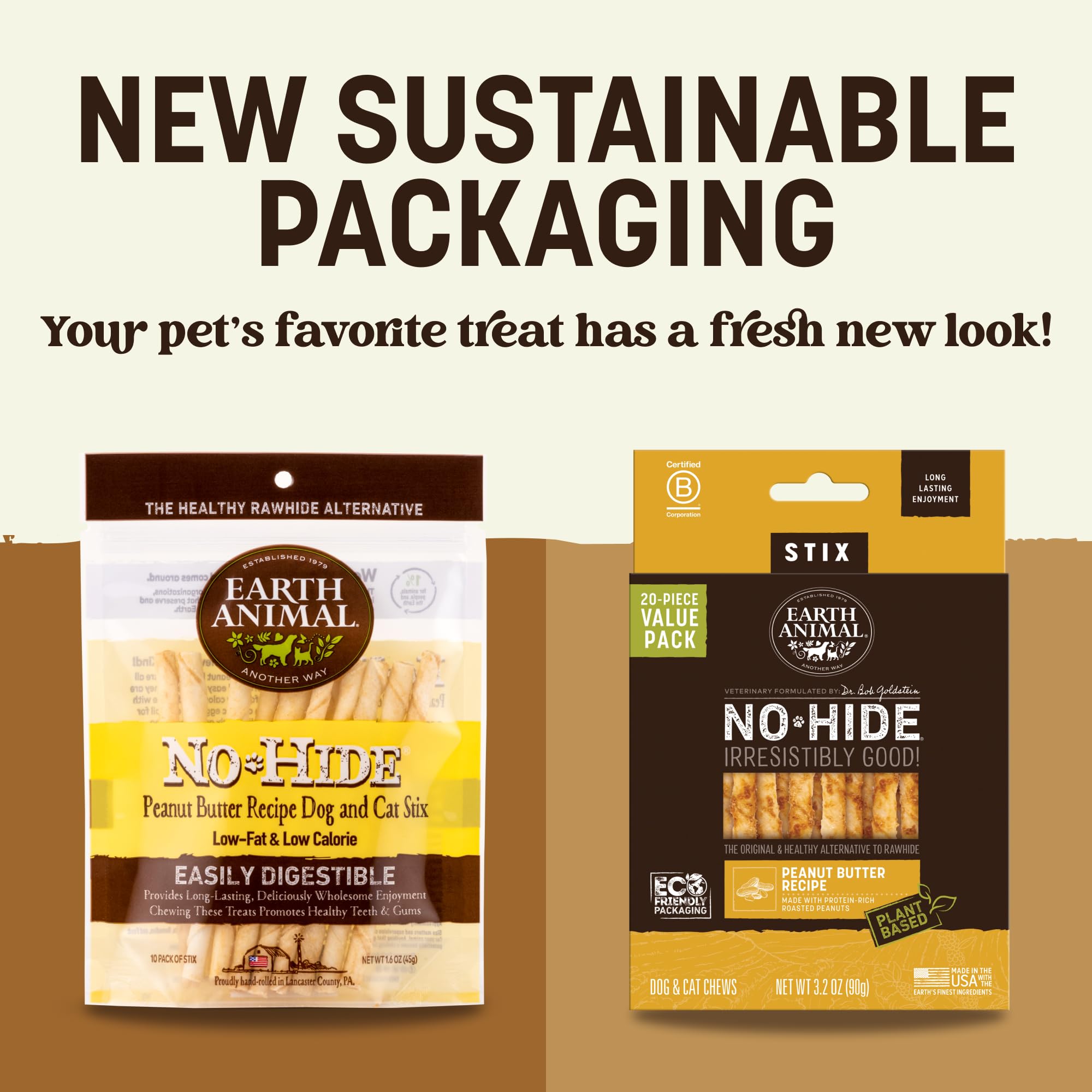 Earth Animal No Hide Stix palito sabor mantequilla de cacahuete, sabroso y masticable.
