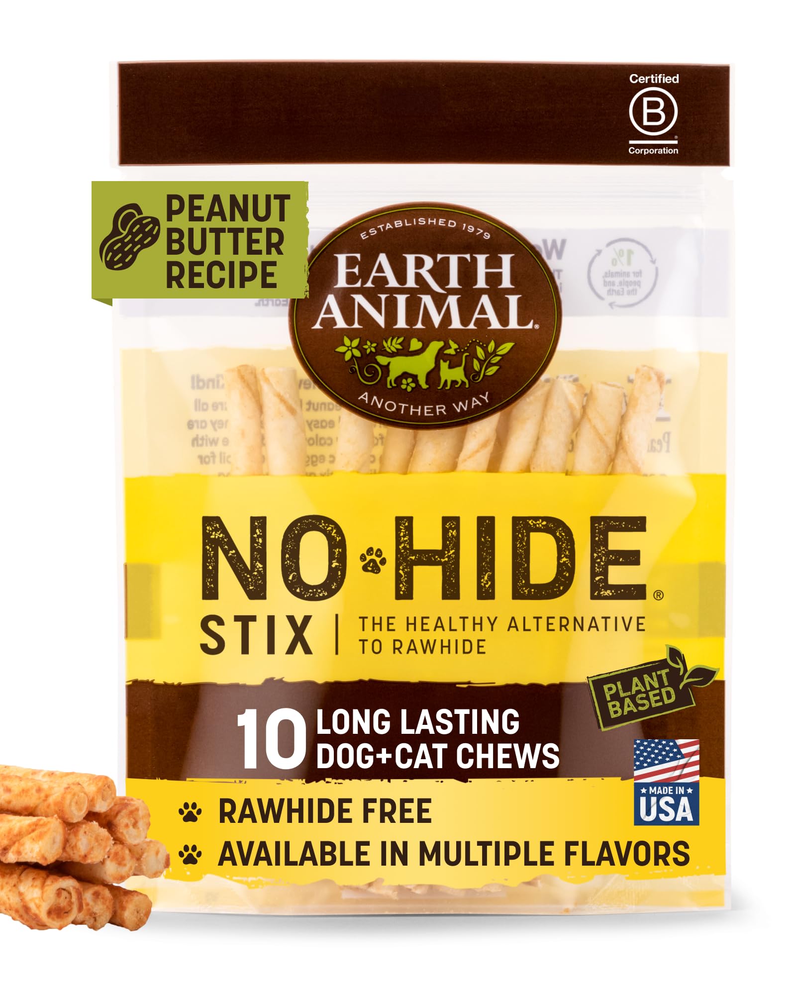 Earth Animal No Hide Stix, paquete de 10, ideal para masticación prolongada en perros pequeños.