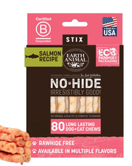 Earth Animal No Hide Stix de salmón en empaque de 80 piezas, snack natural para perros.