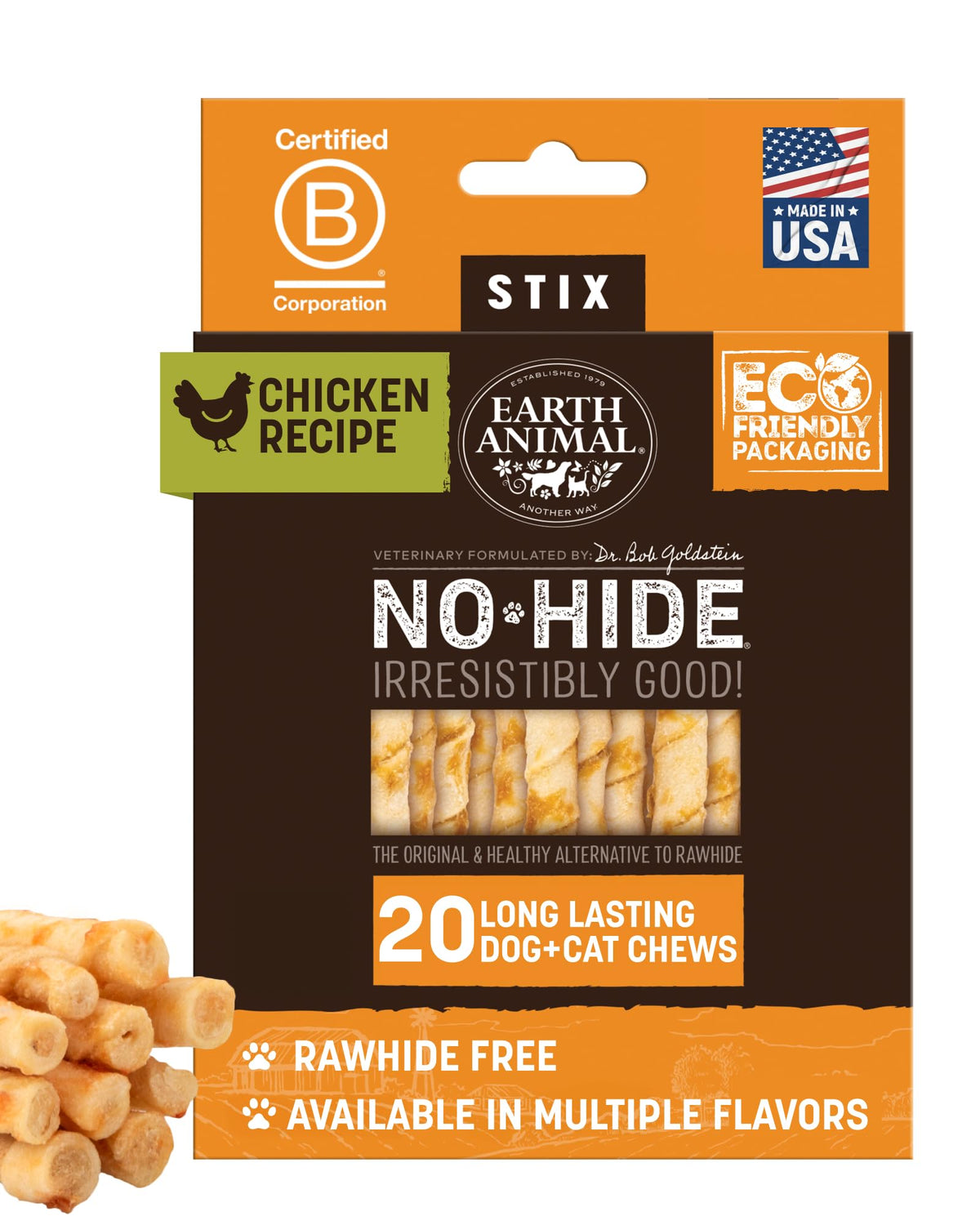 Earth Animal palitos sin cuero de pollo para perro pequeño, ideal para masticación supervisada.