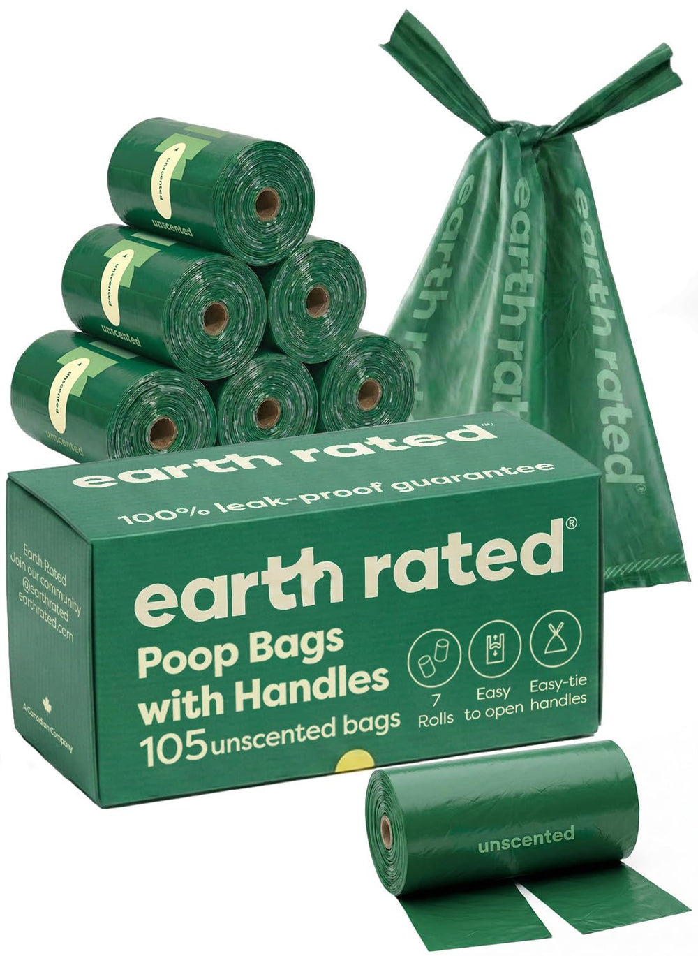 Earth Rated bolsas caca con mangos abiertos para un manejo cómodo en paseos.