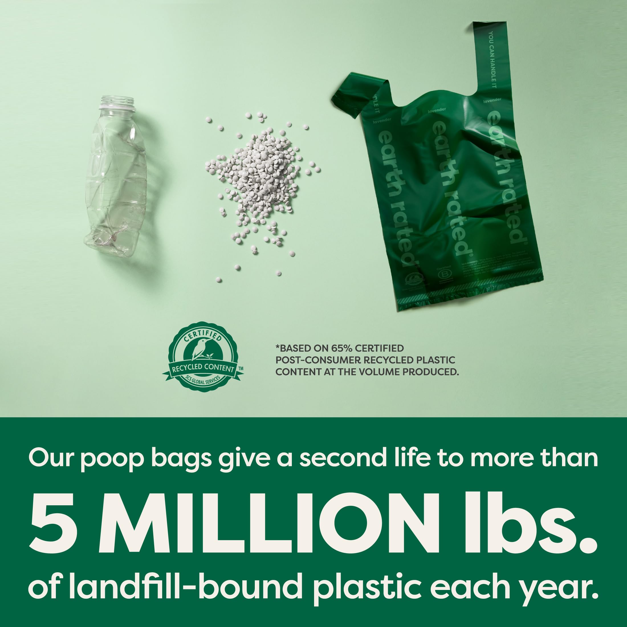 Earth Rated bolsas hechas con 65% plástico reciclado de post-consumo.
