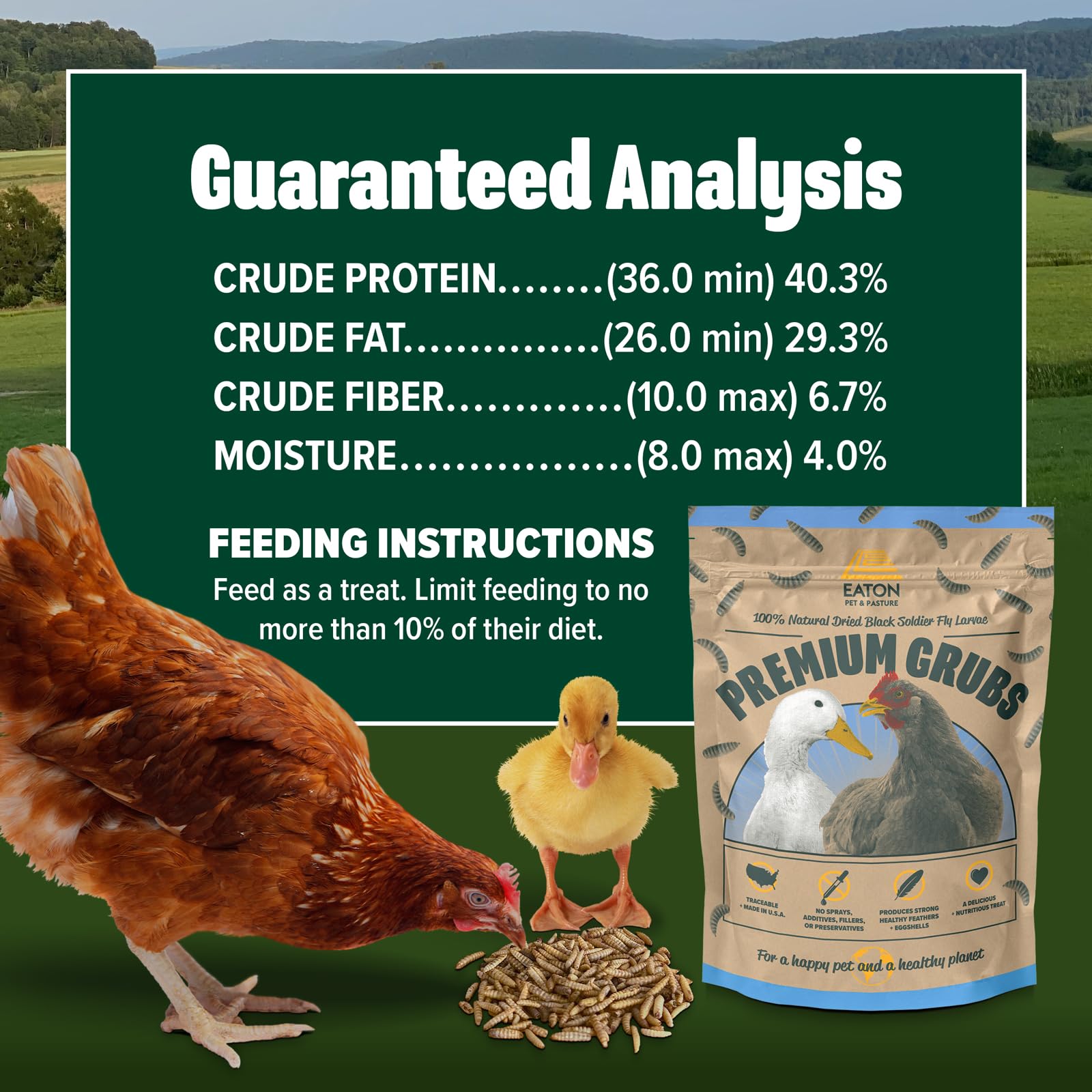 Eaton Pet and Pasture grubs alto calcio para huevos con cáscaras más fuertes.