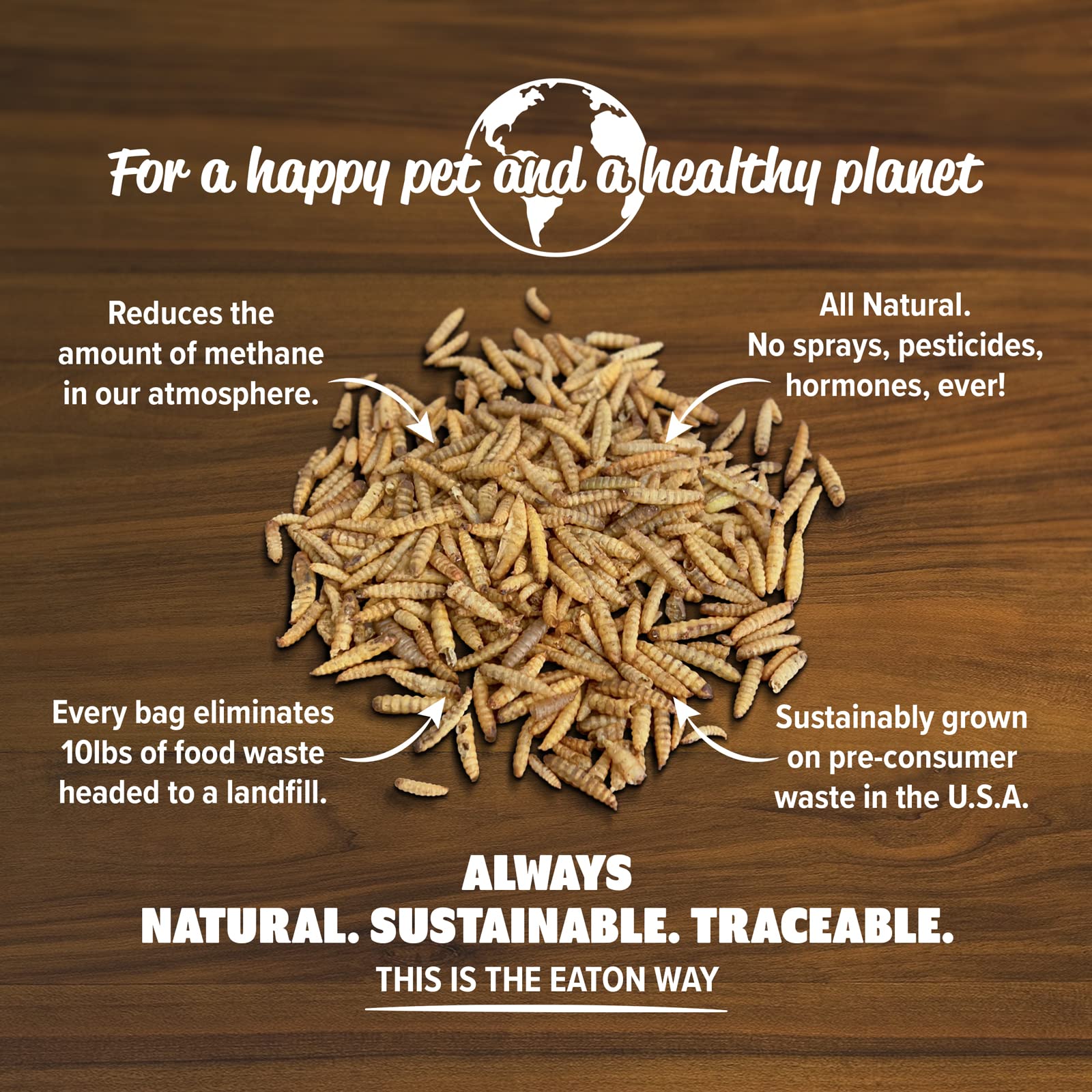 Eaton Pet and Pasture cultivo usa sostenible, grubs criados responsablemente.