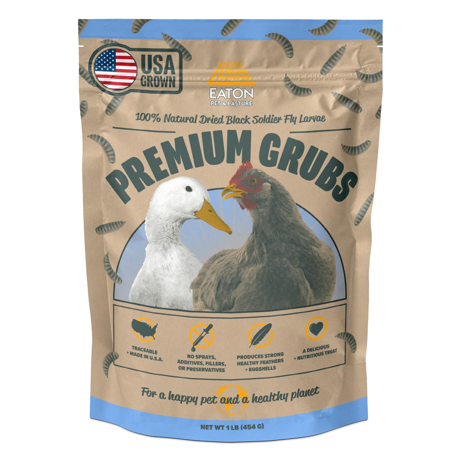 Eaton Pet and Pasture grubs en envase principal, proteína natural para aves.