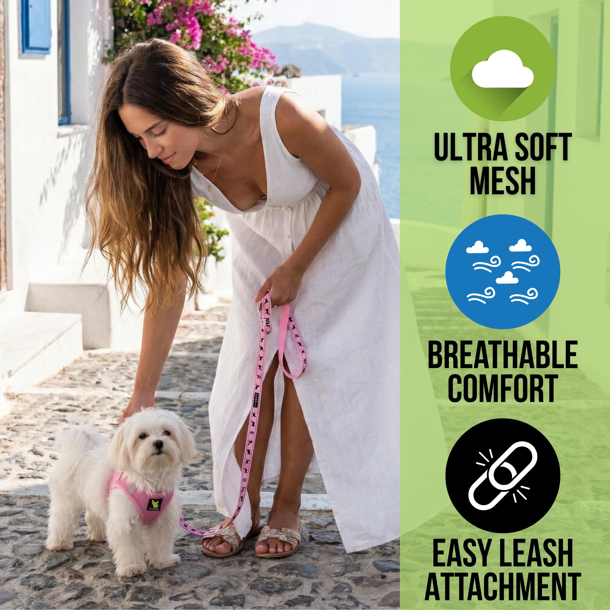 Arnés ajustable EcoBark para perro mini rosa, ideal para salidas diarias.