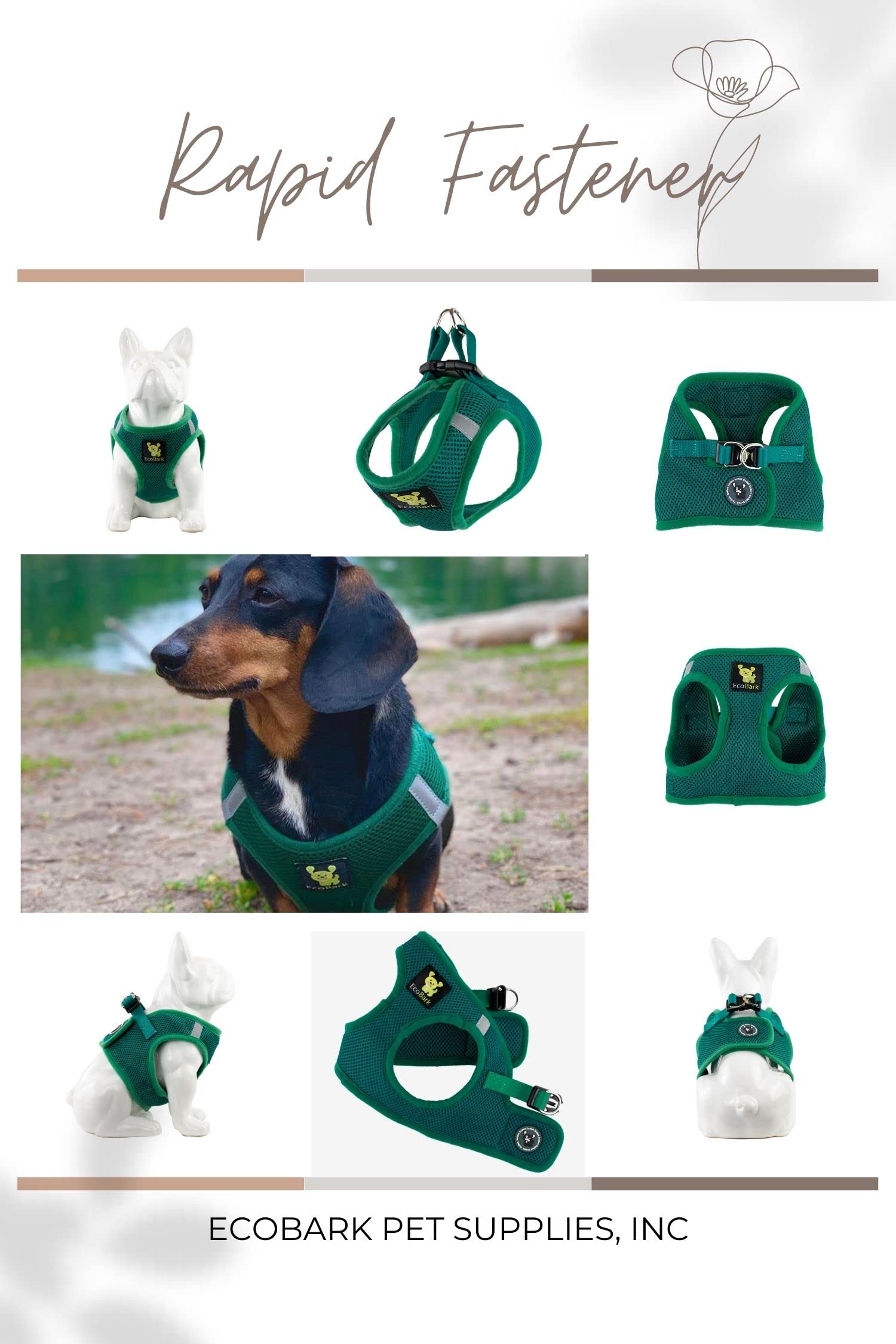 EcoBark arnés con correas reflectivas para mejor visibilidad nocturna.