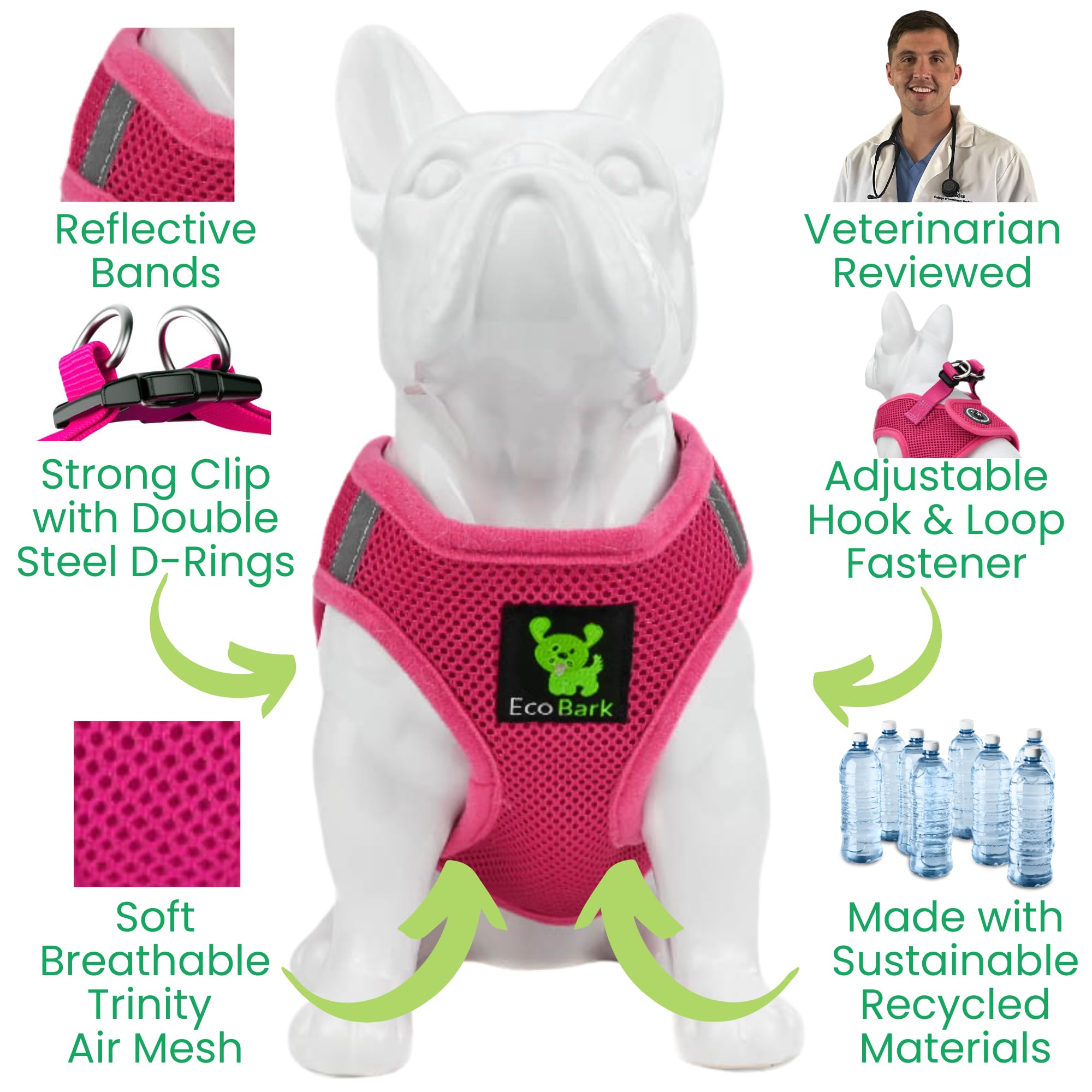 EcoBark arnés de paso rosa XS, malla suave, sensación agradable durante paseos.
