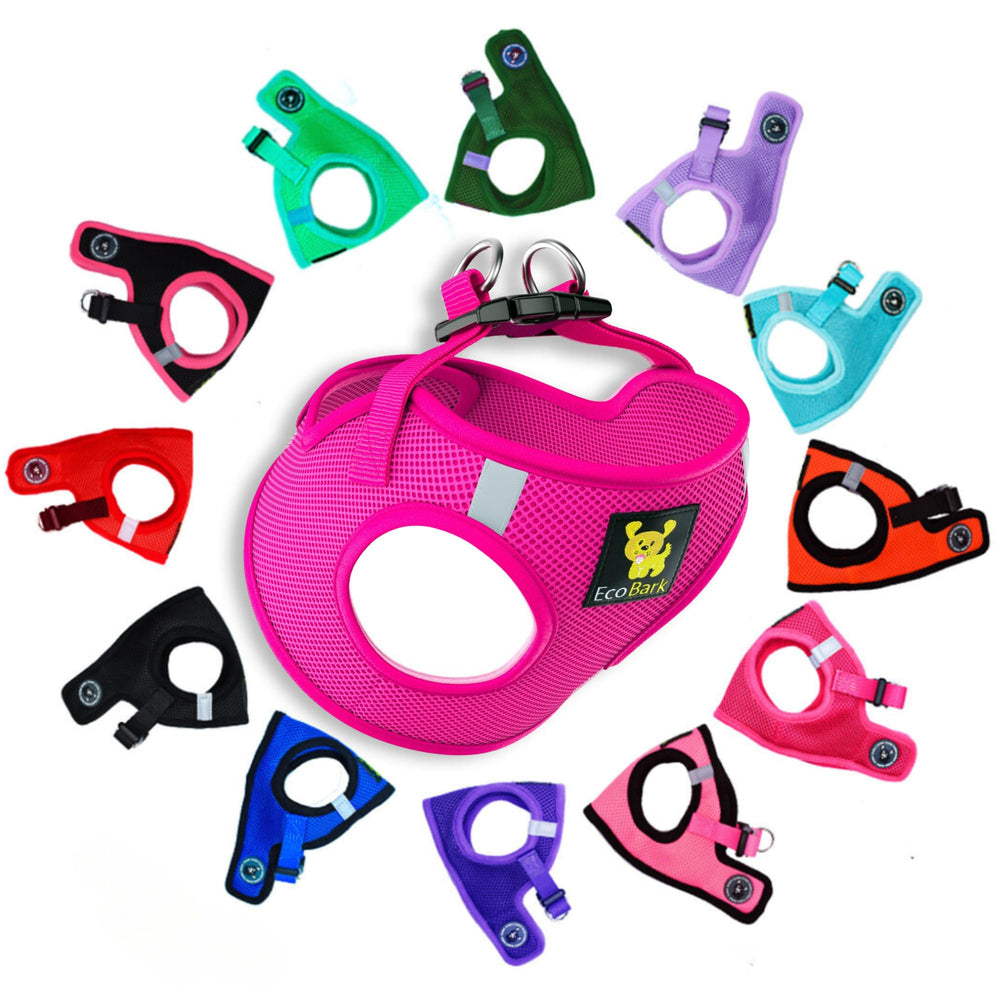 EcoBark arnés de paso rosa XS, vista frontal, ajuste cómodo para razas enanas.