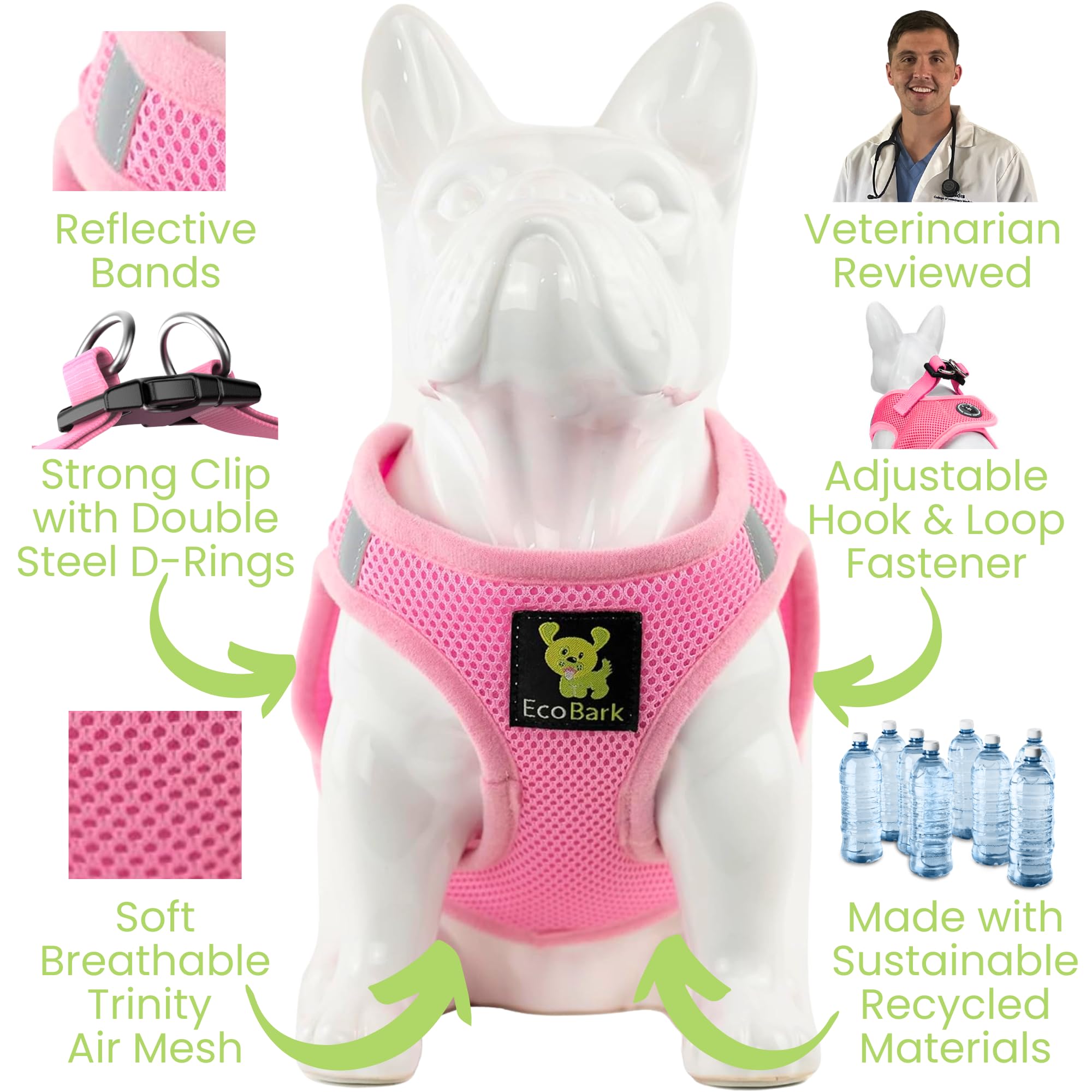 EcoBark arnés canino rosa bebé paso en malla uso diario práctico.