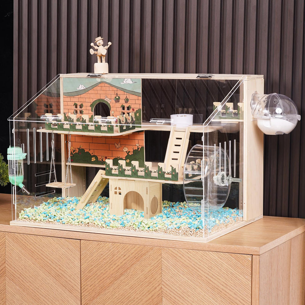 Jaula ECOCEN de madera 12 en 1 con accesorios para roedores, vista panorámica
