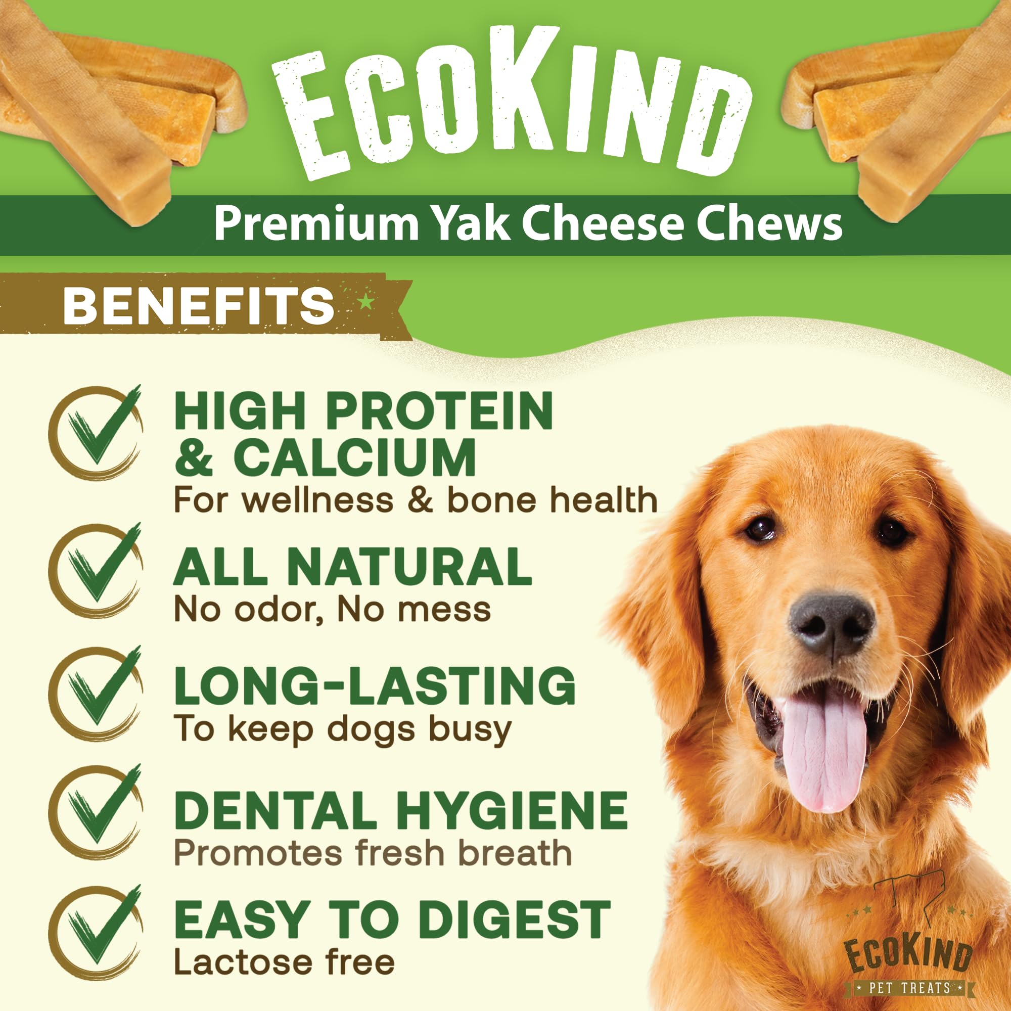 EcoKind Himalayan Chews textura queso yak, sabor natural para perros exigentes.