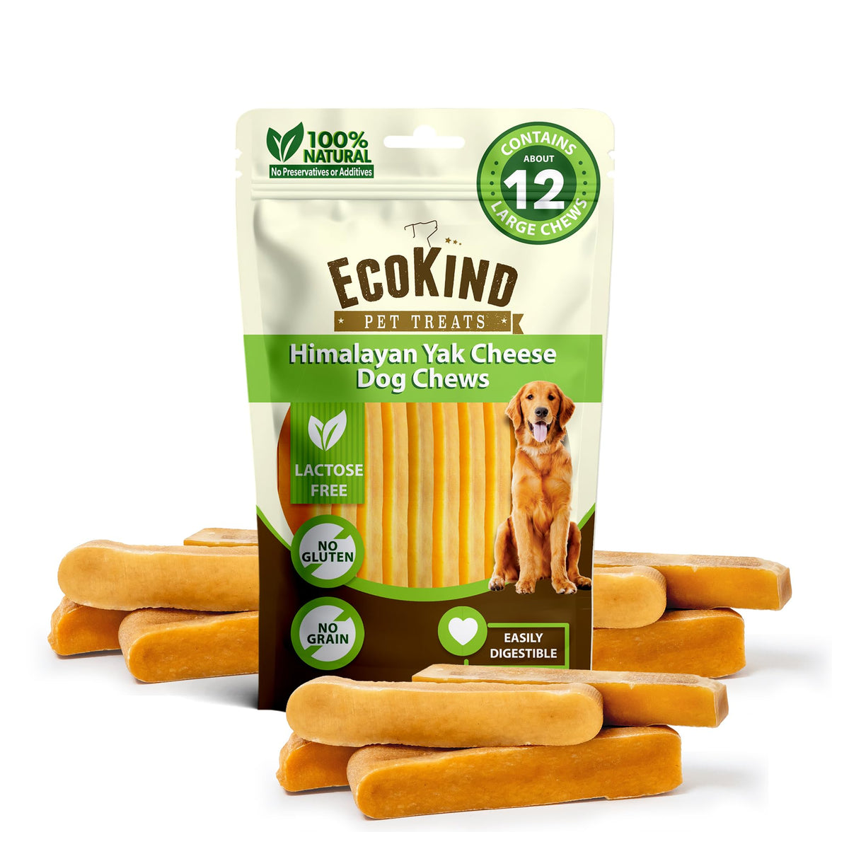 EcoKind Premium Gold Yak Cheese: barras grandes para perros grandes, masticación prolongada