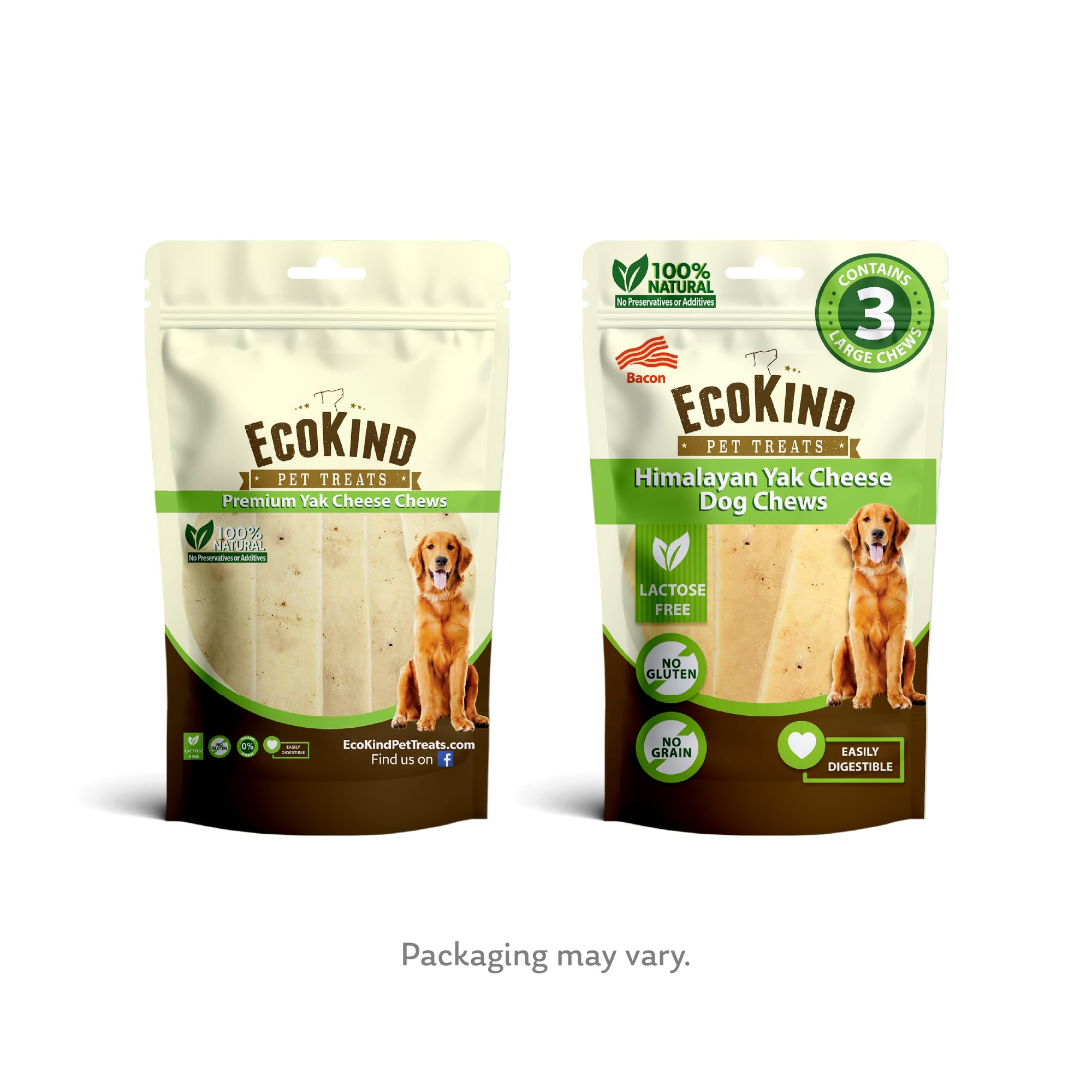 EcoKind Premium Gold Yak Cheese, sabor bacon, irresistible para perros grandes.