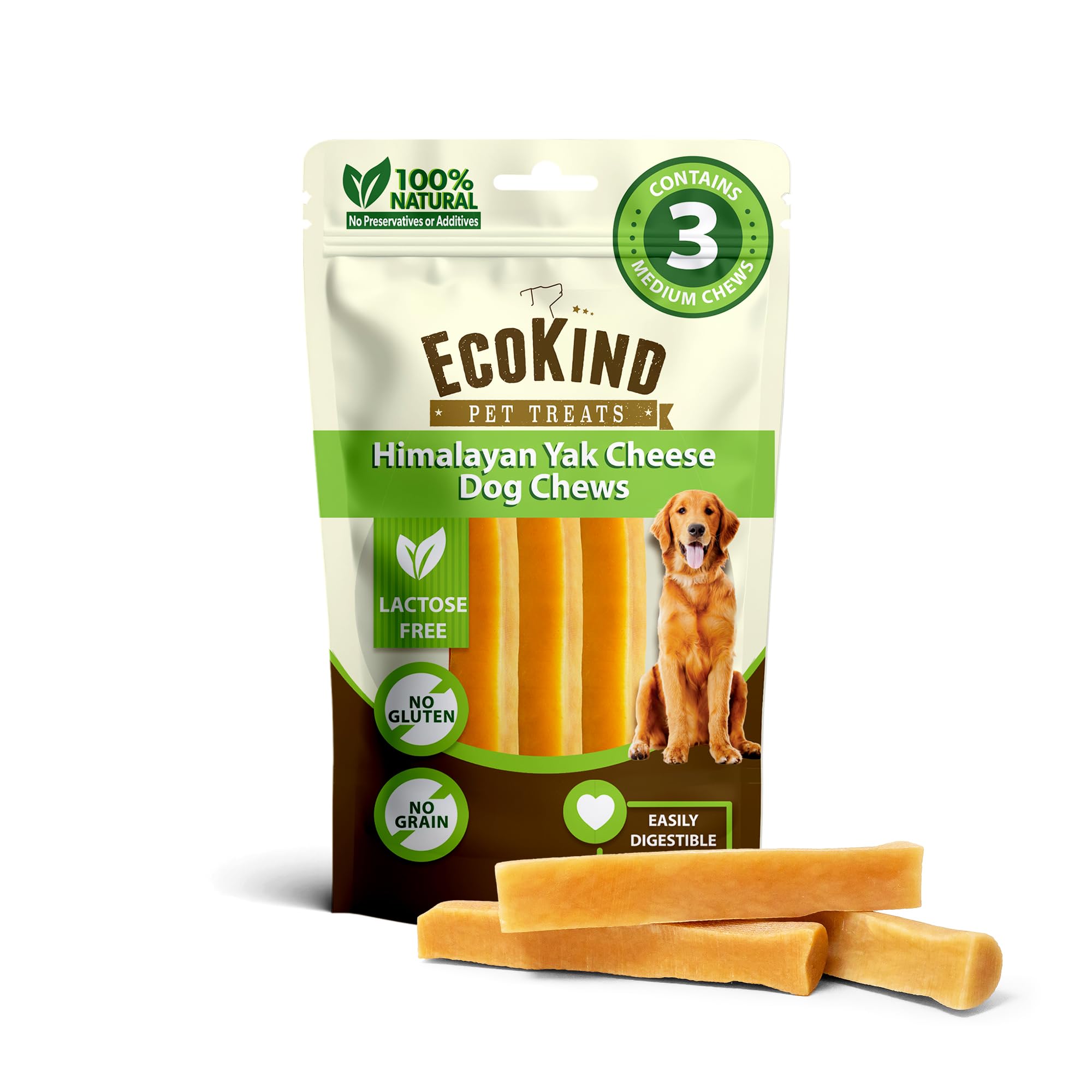 EcoKind Premium Gold Yak Chews con embalaje claro para elegir fácilmente el snack.