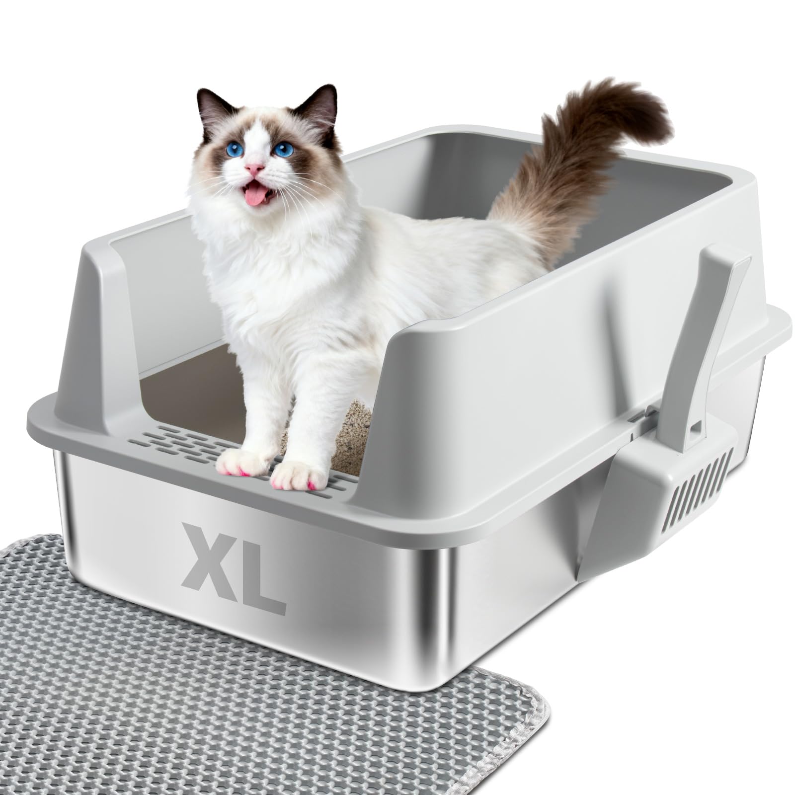 EGMEHOAD caja de arena de acero inoxidable extra grande con tapa, ideal para gatos grandes y limpieza fácil