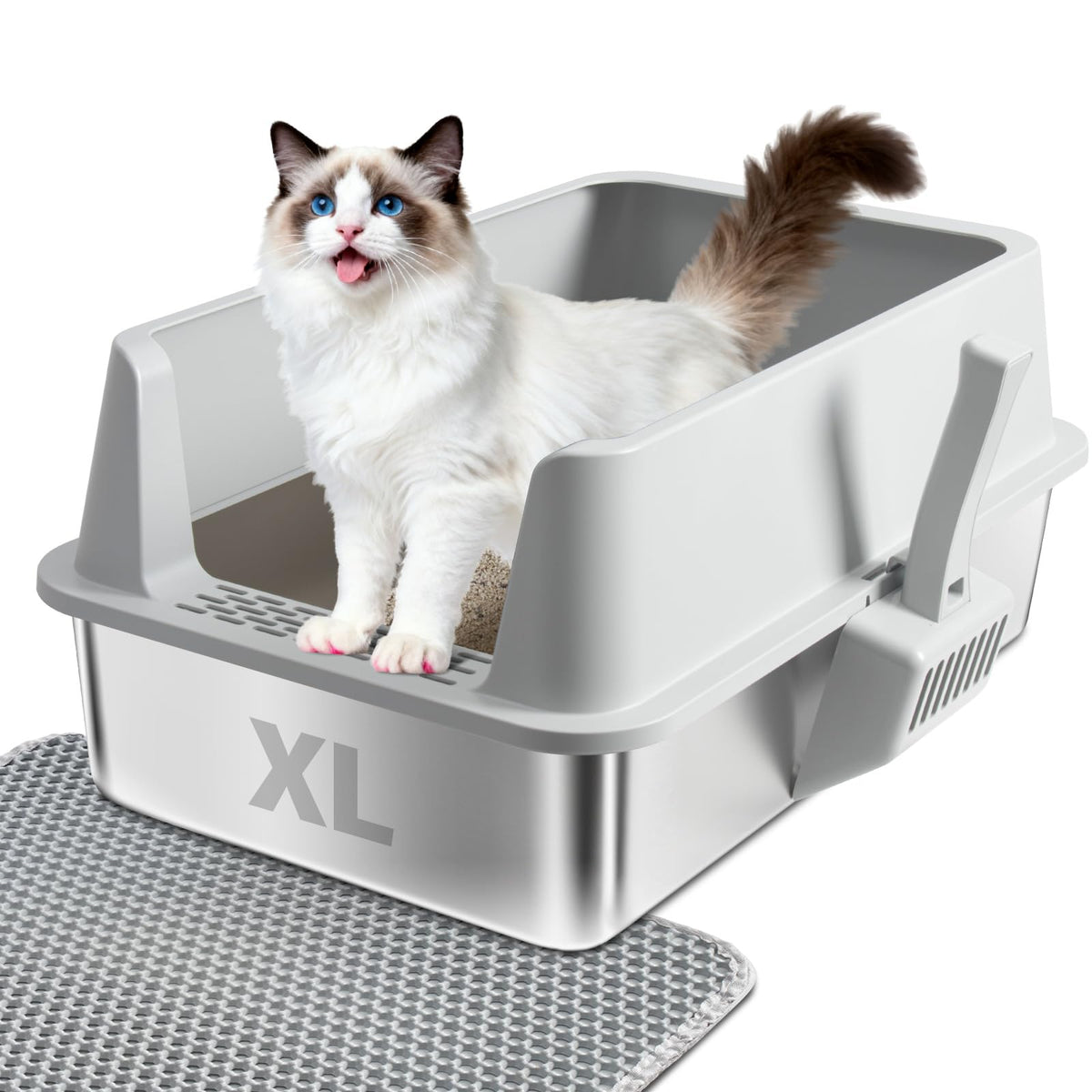 EGMEHOAD caja de arena de acero inoxidable extra grande con tapa, ideal para gatos grandes y limpieza fácil