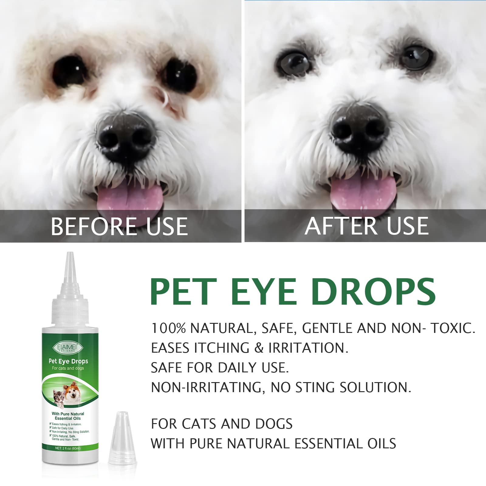 Forma natural Elaimei para el cuidado ocular de perros y gatos.