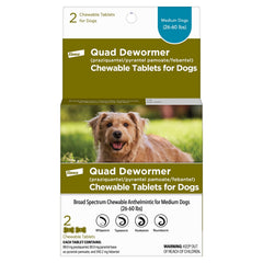 Elanco Quad Dewormer muestra la caja y las tabletas masticables para fácil administración