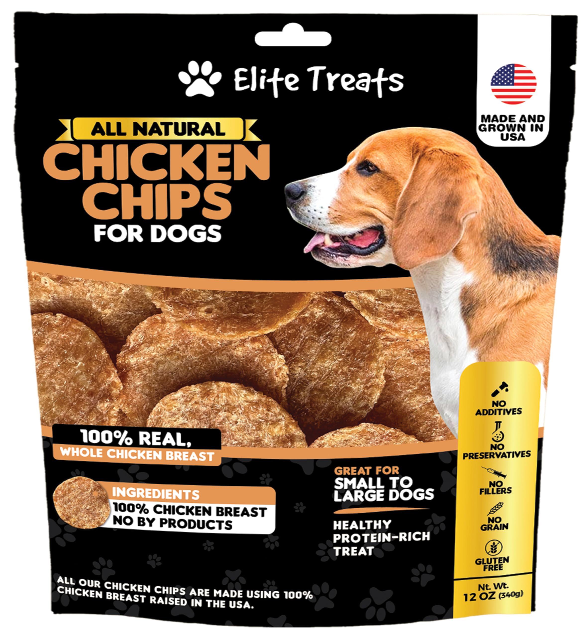 Elite Treats Chips de Pollo 12oz: empaque fresco para entrenamiento diario.