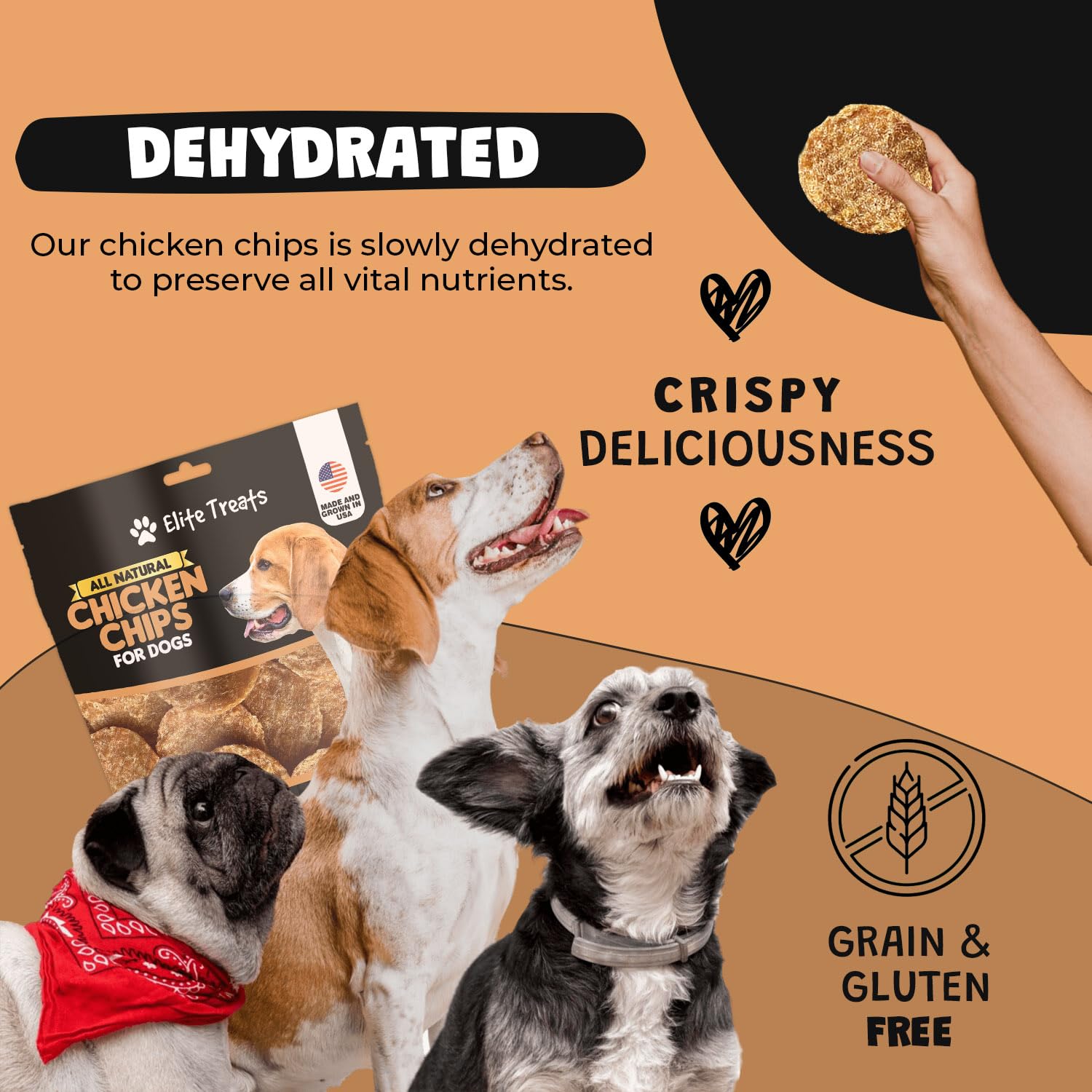 Elite Treats Chips de Pollo 12oz: adecuado para perros de todas las razas.