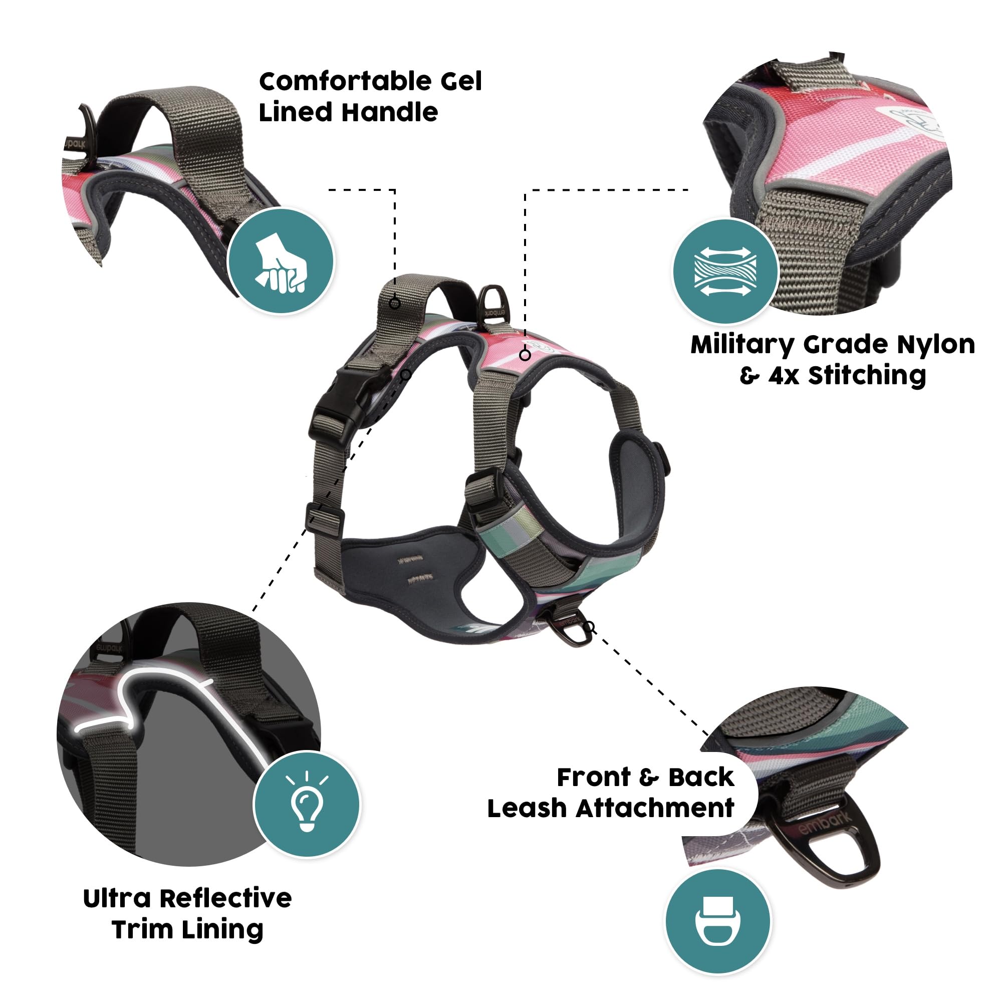 Arnés Embark Pets Adventure con cinta reflectiva para mayor visibilidad.