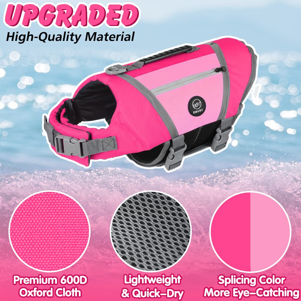 EMUST chaleco salvavidas para perro rosa, vista trasera, alta visibilidad en el agua.