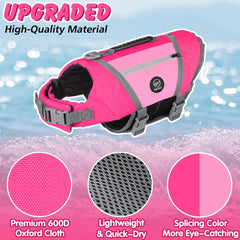 EMUST chaleco salvavidas para perro rosa, vista trasera, alta visibilidad en el agua.