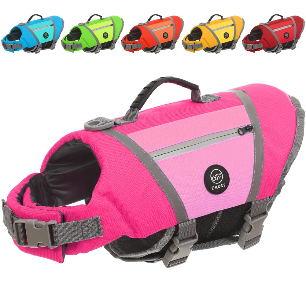 EMUST chaleco salvavidas para perro rosa, vista frontal, ajuste cómodo y seguro para nadar.