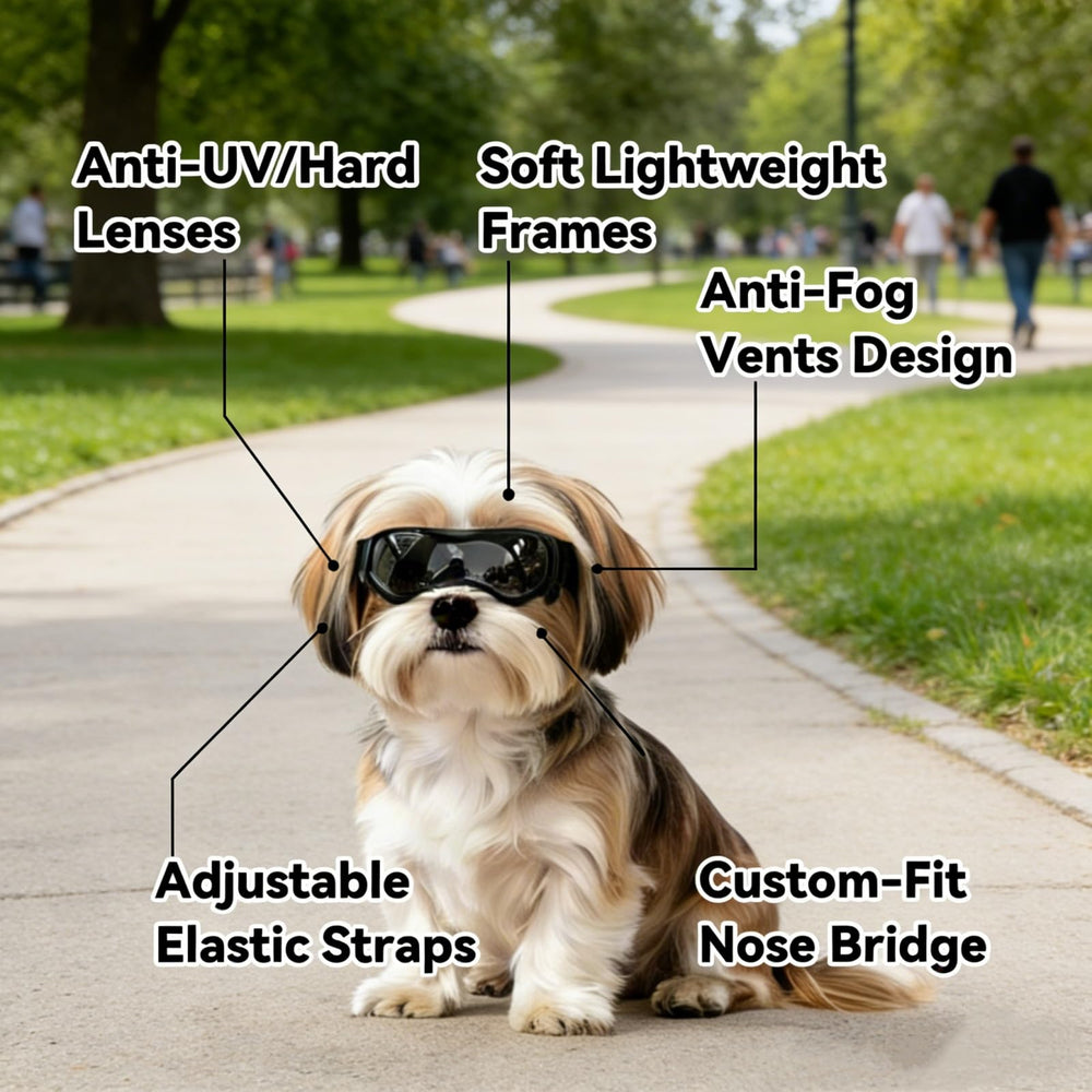 Gafas Enjoying para perro pequeño con correas ajustables para un ajuste cómodo durante paseos.