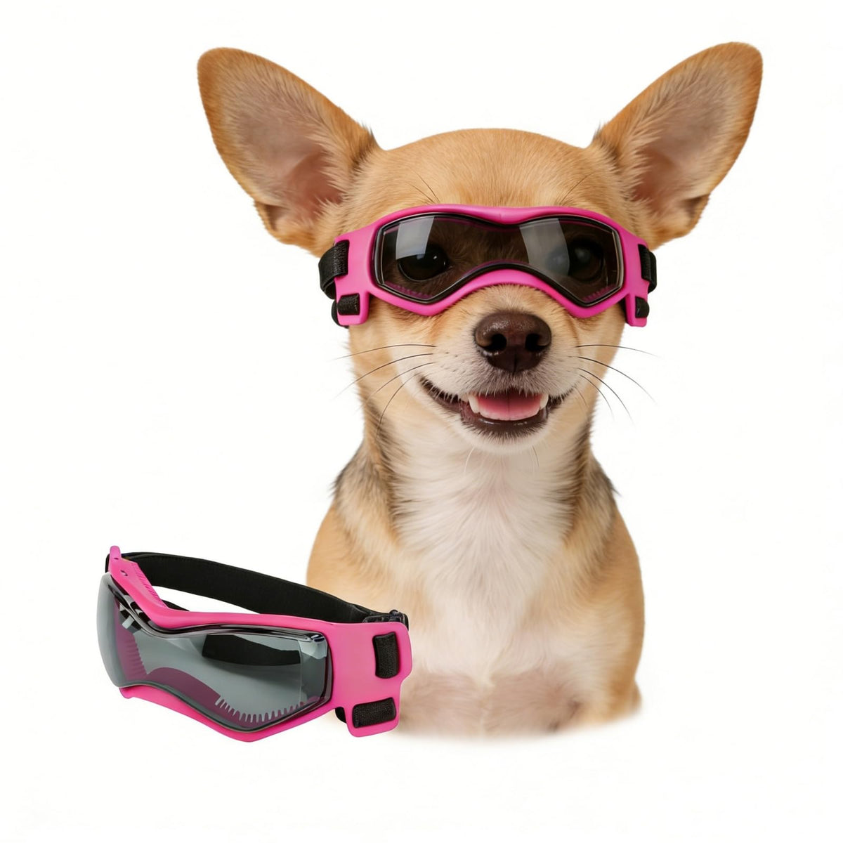 Gafas Enjoying para perros pequeños con marco rosa y protección UV.