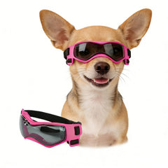 Gafas Enjoying para perros pequeños con marco rosa y protección UV.