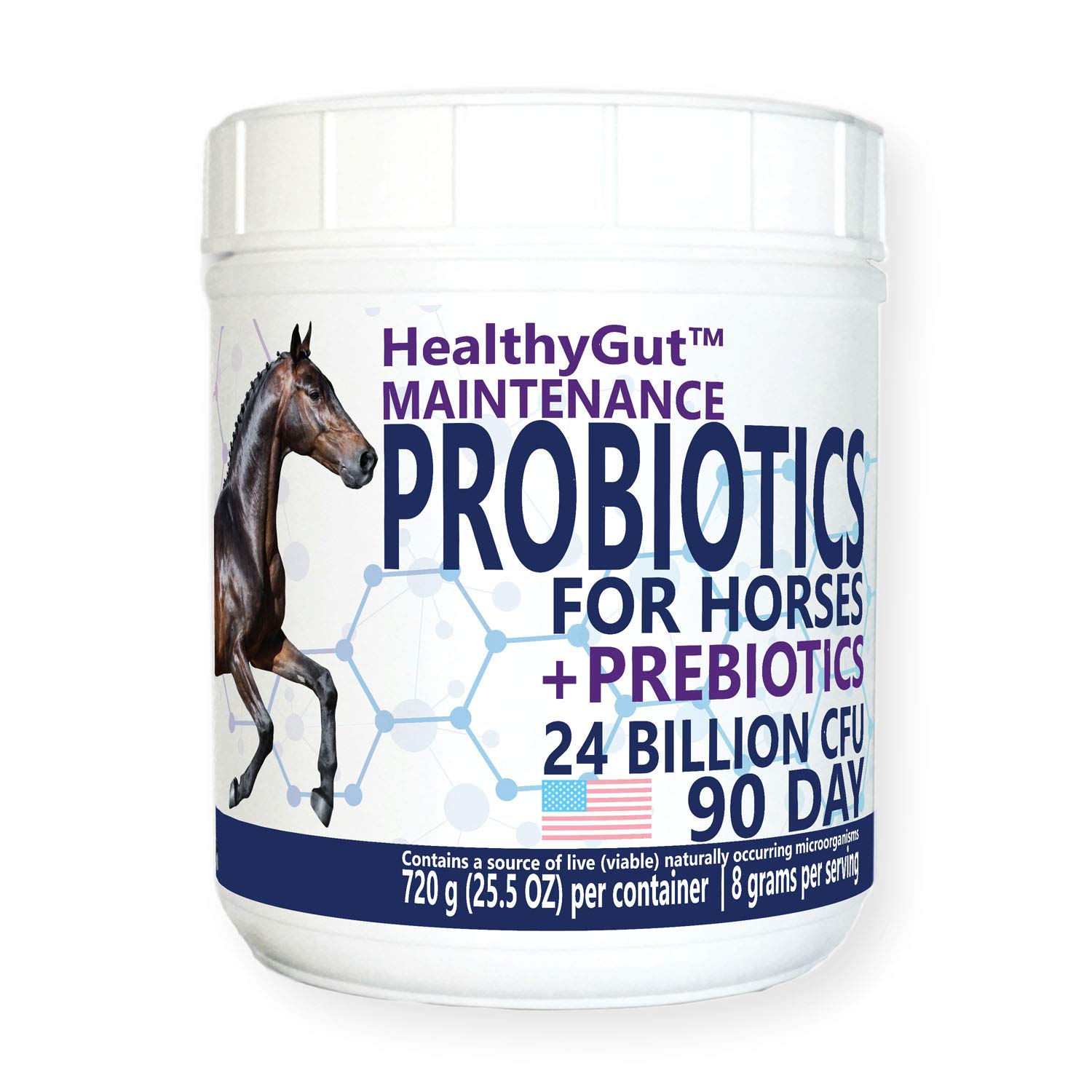 Botella de HealthyGut de Equa Holistics, probióticos para caballos, mantenimiento digestivo diario.