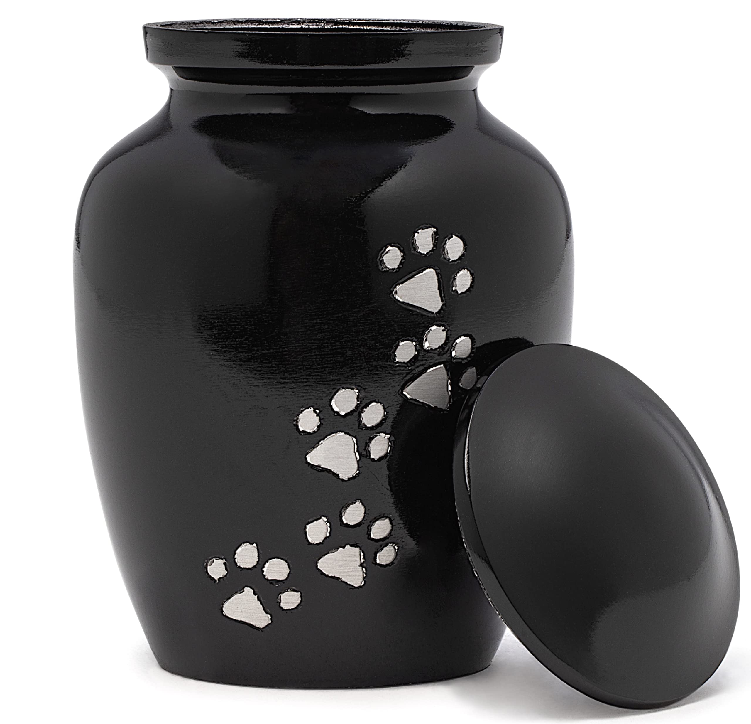 Urna Eternal Harmony para mascotas con tapa rosca y acabado negro, ideal para conservar cenizas con seguridad.