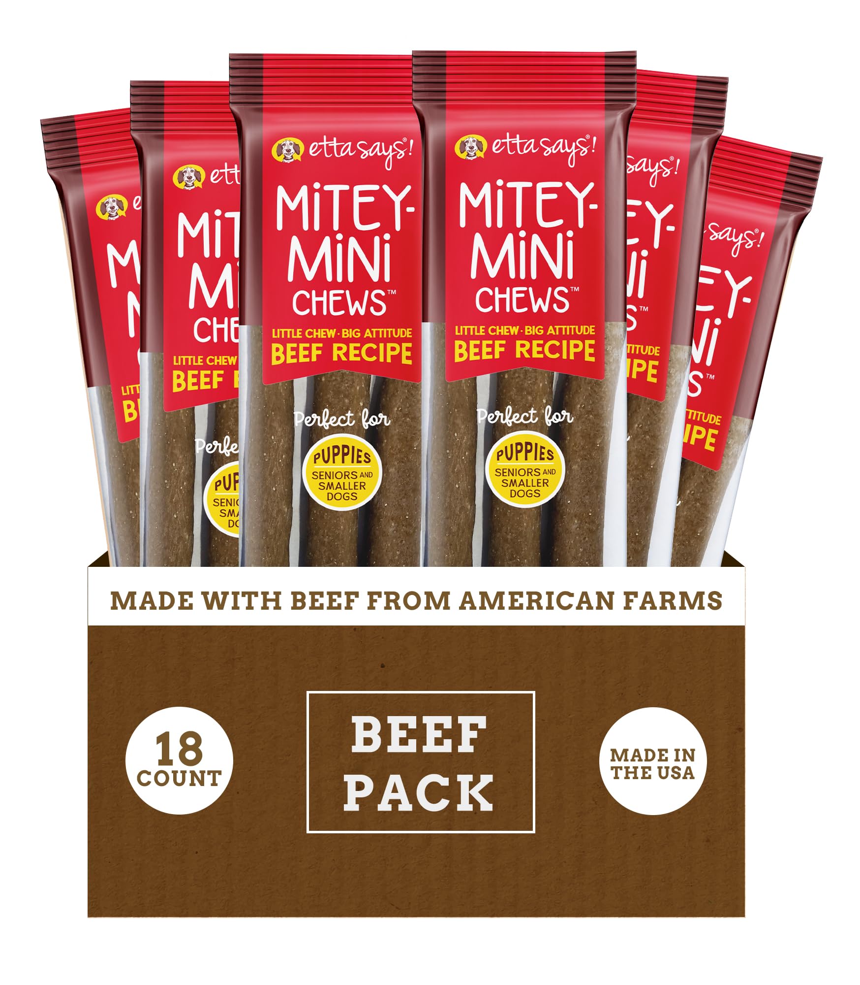 Empaque de etta says! Mitey Mini Chews, snack ideal para entrenamiento canino en casa.