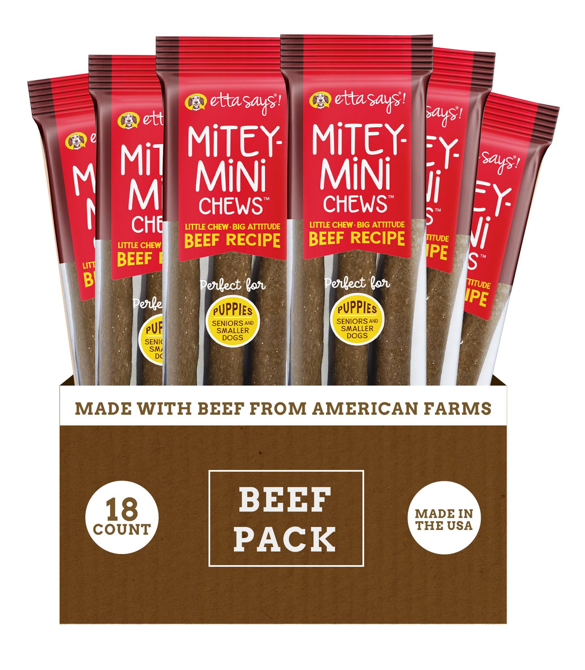 Empaque de etta says! Mitey Mini Chews, snack ideal para entrenamiento canino en casa.