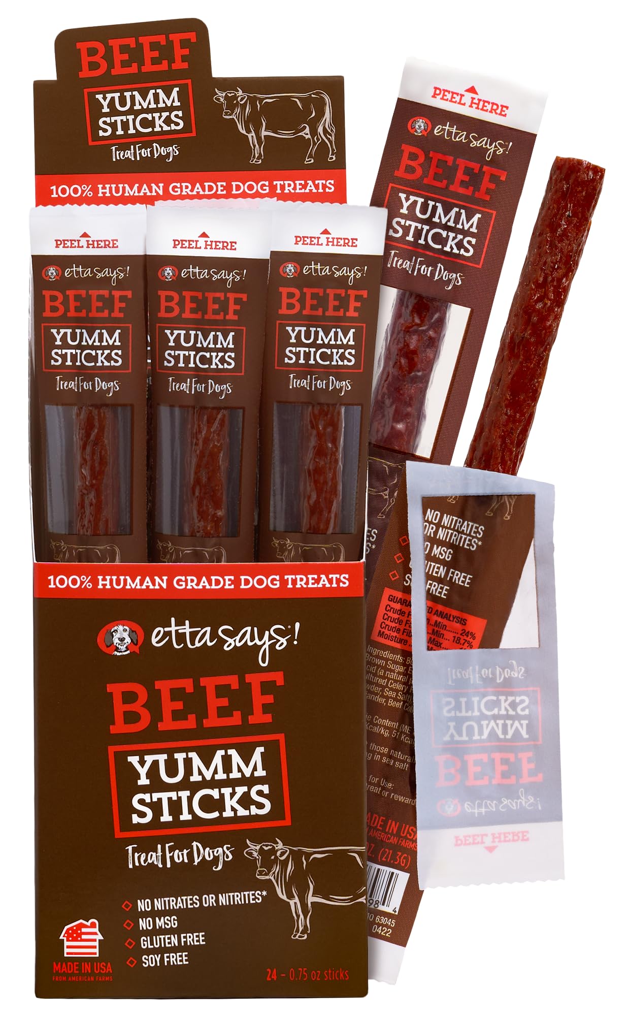etta says! Yumm Sticks carne real de res para perros, snack sabroso y proteico.