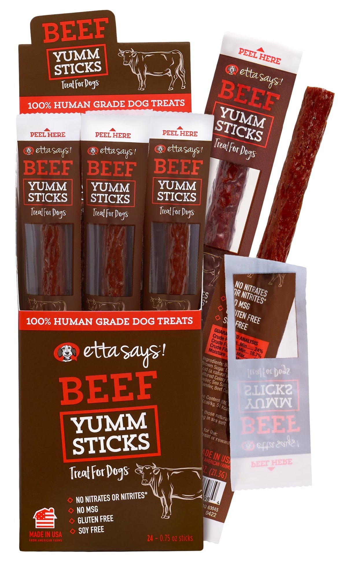 etta says! Yumm Sticks carne real de res para perros, snack sabroso y proteico.