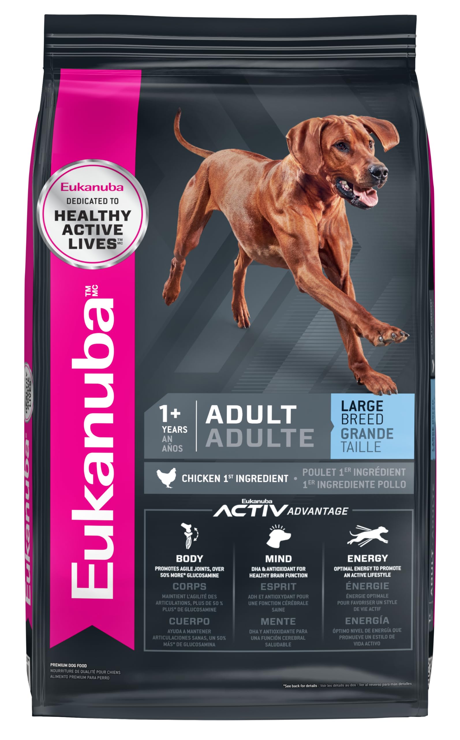 Eukanuba alimento seco para perro grande adulto en envase, proteína de calidad para energía diaria.