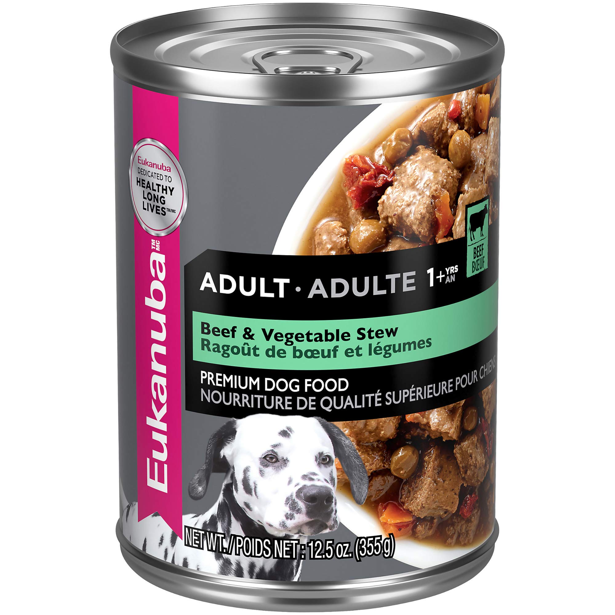Eukanuba estofado carne y verduras en lata, ideal para perros activos.