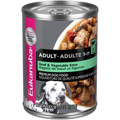 Eukanuba estofado carne y verduras en lata, ideal para perros activos.