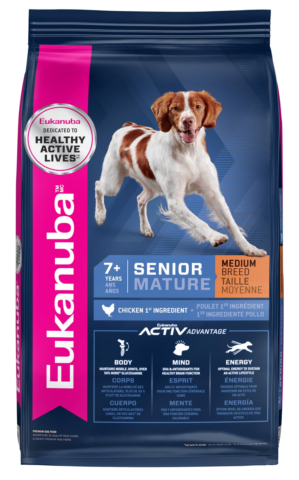 Eukanuba Senior para raza mediana, bolsa de 15 lb, alimento seco para perros activos.
