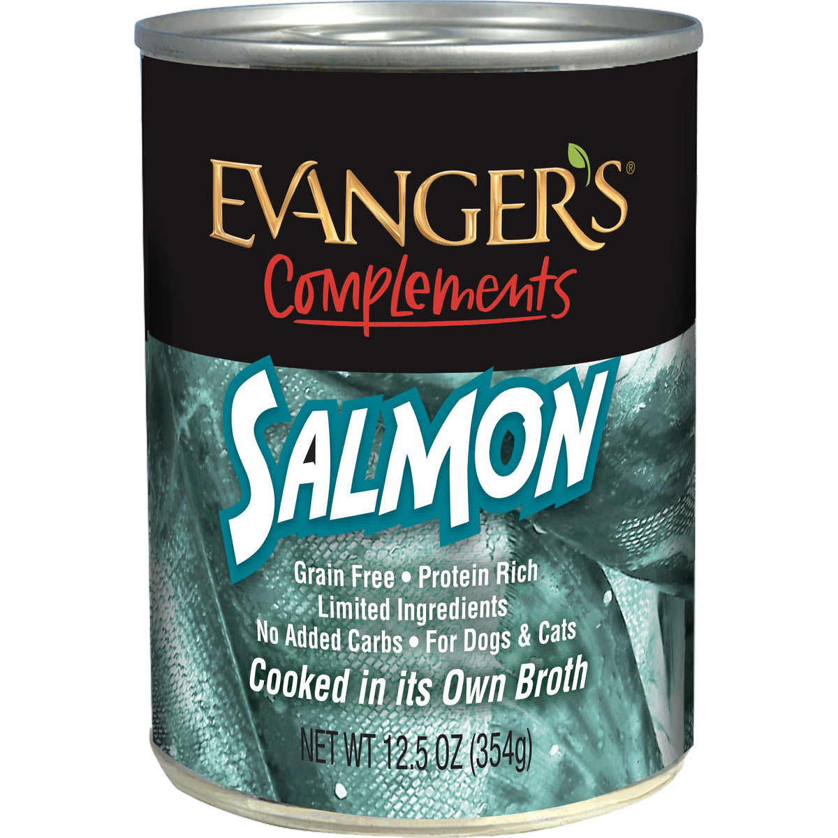 Evanger’s Complements Salmon, lata abierta, textura jugosa para estimular el apetito.