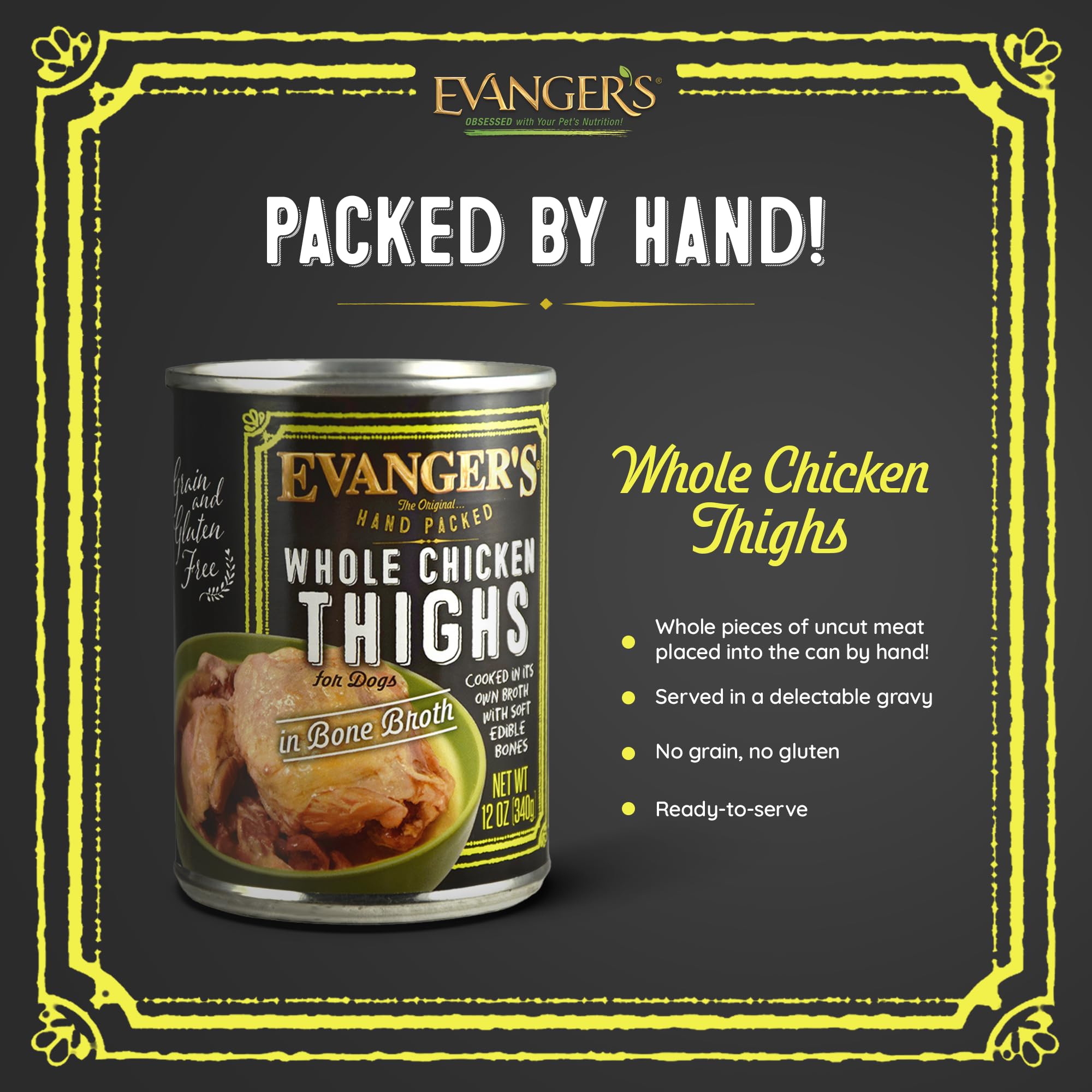 Evanger's Heritage Classics: muslos de pollo enteros en caldo, textura suave.